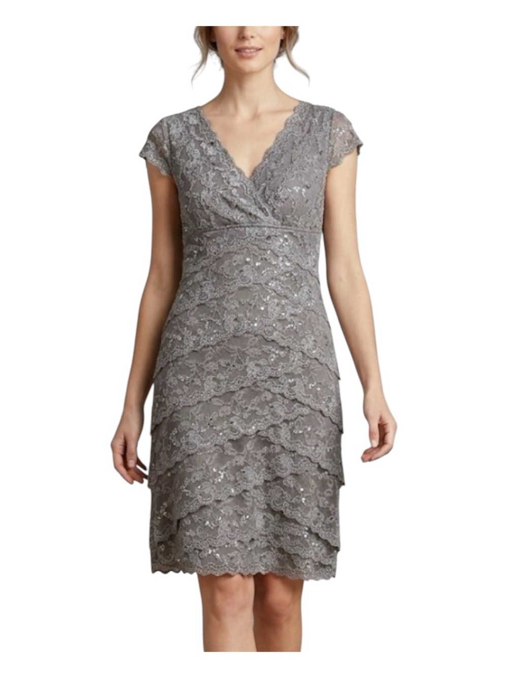 MARINA Tiered Lace Beaded Sequin Formal Cocktail Dress Gray Stretch Body…